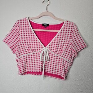 Julia by Love J Pink Gingham V-Neck Tie Front Crop Top XL Stretchy Babydoll